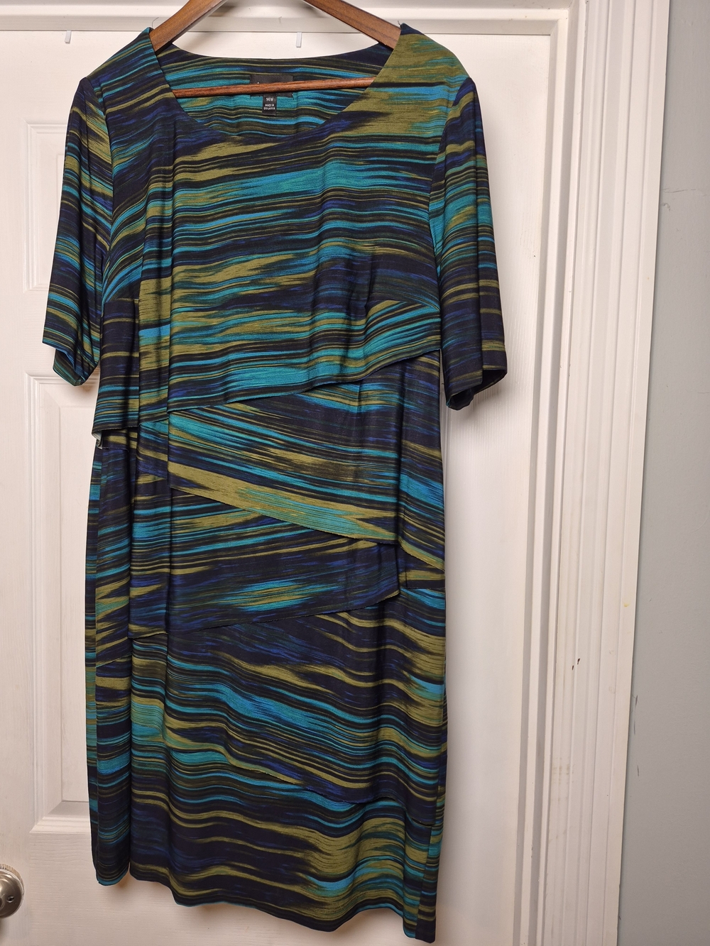 connected apparel Teal, Olive & Black Design Layered Midi Dress 14W